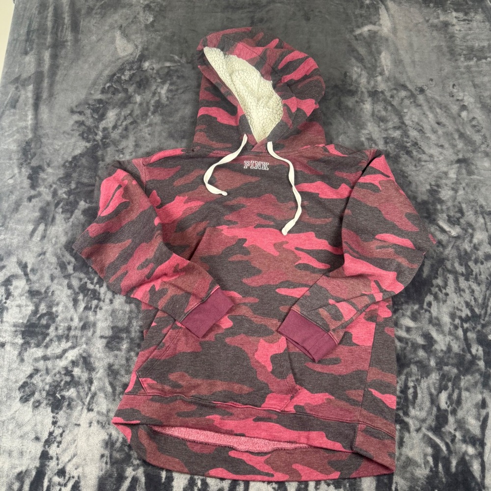 Pink Victoria's Secret Hoodie Womens Medium Burgundy Camo Sequin Logo Pullover